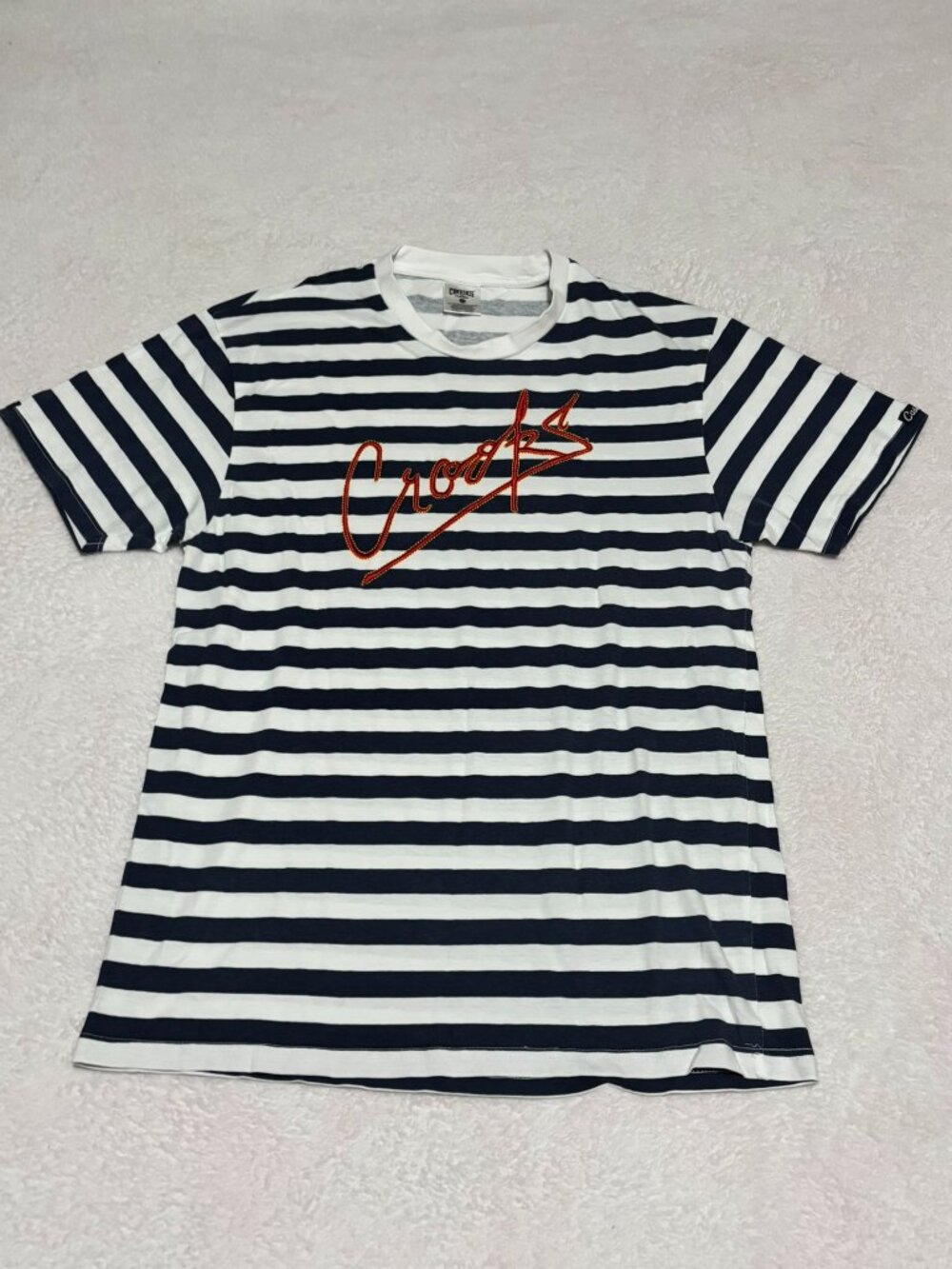 Crooks & Castles Navy White Striped Red Script Logo Graphic T-Shirt Mens Size M
